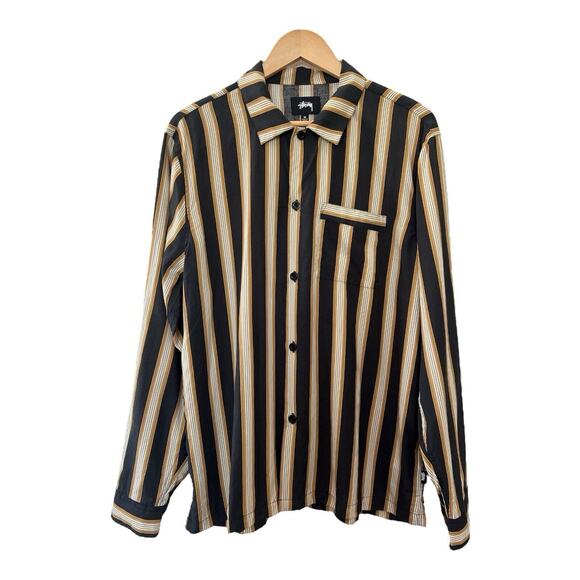 Stussy Shirt Mens Medium Striped Long Sleeve Button Up 100% Tencel Dress Retro - Picture 1 of 11